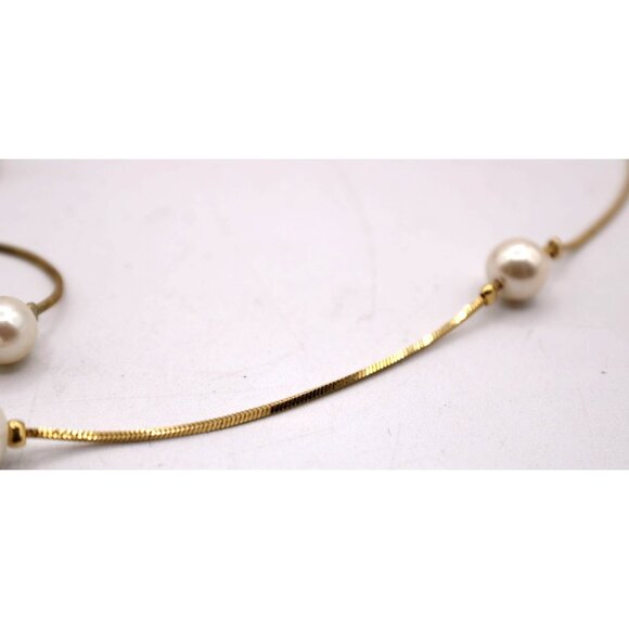 Dainty Gold-Tone Faux Pearl Station Necklace Vintage Delicate 24" Snake Chain - Picture 5 of 10